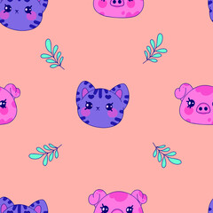 Vector children's seamless pattern for children with cute cats and piglets. Background with a pattern for children with cartoon characters, for printing on fabric, clothes, toys, notebooks