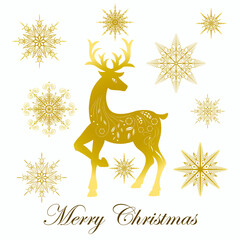 Christmas deer in the style of folk cards with snowflakes. greeting card. Merry christmas and a happy new year.