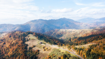 Autumn forest road landscape. Mountain forest road in autumn. Road in autumn mountain forest scene. Mountain Divcibare in western Serbia.