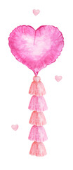 watercolor illustrations of balloons for the holiday isolated on white background, balloon in the form of a heart decorated with a tassels, sticker for gifts, design of labels, price tags, postcard