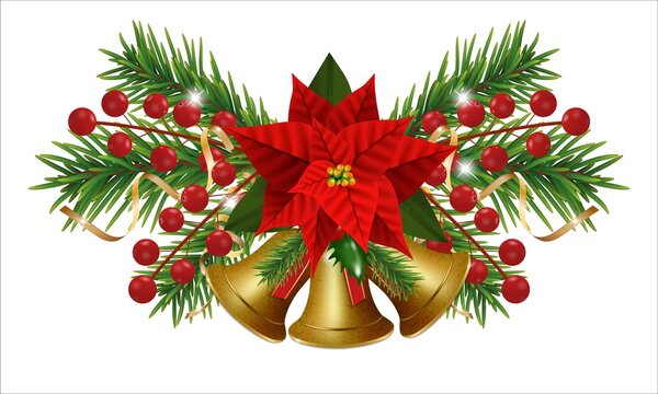Christmas bells golden with Christmas flowers poinsettia. Happy New Year border with garland Christmas tree branches and holly berries, gold ribbons. Vector