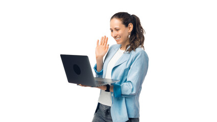 Smiling female student is in a video call, holding the laptop and waving.