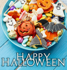 candy bowl of cookies, candy, chocolates and sweets, Halloween Jack o Lantern - Trick or Treat Halloween card dark background