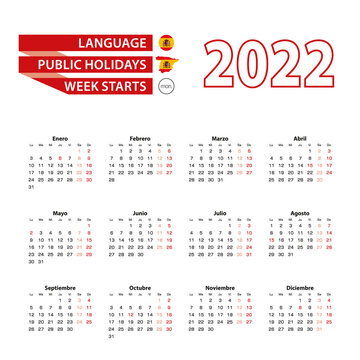 Calendar 2022 in Spanish language with public holidays the country of Spain in year 2022.
