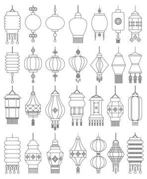 Chinese lantern vector outline set icon. Vector illustration asian lamp on white background. Isolated outline set icon chinese lantern.