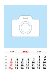 July 2022 calendar planner A3 size with place for your photo.