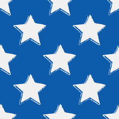 Blue background and white grunge style stars. Vector with seamless stars wallpaper or pattern.