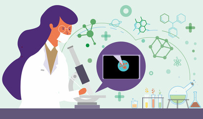 Scientist at work, male character conducting experiments with microscope. Vector illustration in flat style
