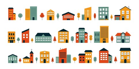 Abstract house big set. Flat colored city buildings, house exterior neighborhood icons. Vector isolated illustration - obrazy, fototapety, plakaty