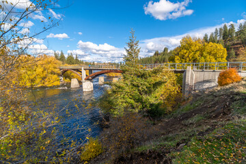 The Spokane River at People's Park during late autumn in Spokane, Washington, USA.	