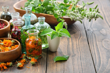 Bottles of essential oil or infusion of herbs  - calendula, thuja, rosemary, mint, sage, heather, healing plants and medicinal herbs on table. Alternative herbal medicine. Aromatherapy. - obrazy, fototapety, plakaty