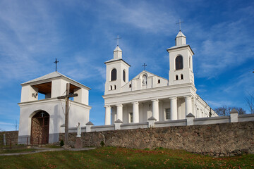 Old ancient church of the Holy Guardian Angels and bell tower in Rogotno, Lida district, Grodno region, Belarus.