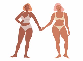 Two beautiful women in lingerie standing in row. Love your body. Body positive movement and beauty diversity. Vector flat illustration.