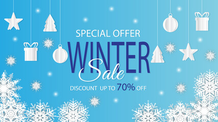 Naklejka premium Winter sale banner. Paper cut vector. Vector Illustration.