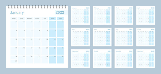 2022 wall planner in blue pastel color, week starts on Monday.