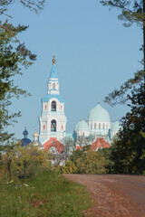 Russia, Valaam Island, Cathedral of the Transfiguration of the Lord with blue domes in the Valaam Monastery