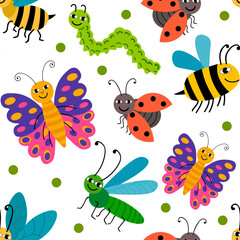 Cute cartoon smiling summer insects random seamless pattern with small dots. 