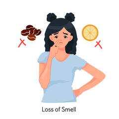Loss of sense of smell. A woman does not feel smells and tastes. Anosmia. Symptoms of coronavirus. Vector illustration in cartoon style isolated on a white background
