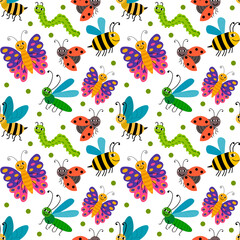 Cute cartoon smiling summer insects random seamless pattern with small dots. 