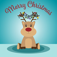Reindeer red-nosed cute cartoon with greeting banner snowy winter background. Christmas card. Vector illustration.