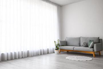 Grey sofa and houseplant near big window with light curtains - obrazy, fototapety, plakaty