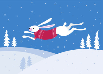 White hare in a red sweater runs in the winter forest. Rabbit jumping in the snow. Vector flat illustration.