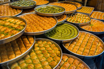 Baklava varieties on dessert store. Turkish baklava on tray. Traditional Baklava from Gaziantep,...