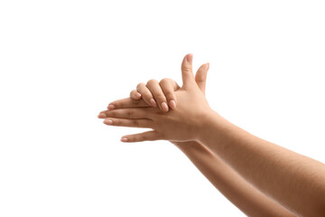 Woman making dog with her hands on white background