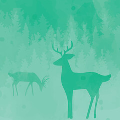 Deers in the forest vectors, winter holidays watercolor background