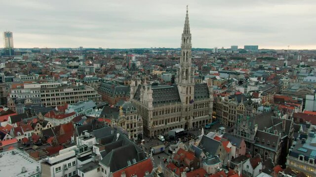 Aerial View of the Grand Place in Brussels, Belgium - most beautiful squares in Europe with Baroque architecture. Popular tourist destination and famous landmark in Bruxelles. 4K drone zoom in shot