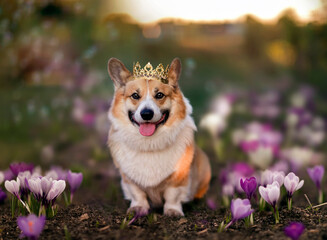  cute corgi dog in a golden crown sits on a spring field among the flowers of a crocus snowdrop