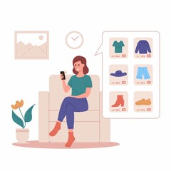 Mobile shopping consept. A woman buy things in the online store. Shopping on social networks through phone flat design style. Online shopping vector illustration.