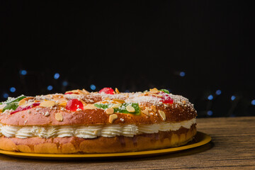 Roscon de reyes is the typical spanish christmas bakery cake food to eat in epiphany celebration