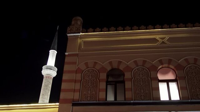 Minaret of Gazi Husrev-bey Mosque in Sarajevo at night, Bosnia and Herzegovina