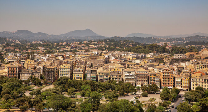 Cityscape with Enoseos and Leonida Vlachou Squares. Kerkyra, Corfu, Greece.