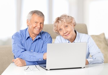 Happy mature couple using laptop sitting on sofa
