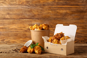 Paper box and bucket with tasty popcorn chicken on wooden background
