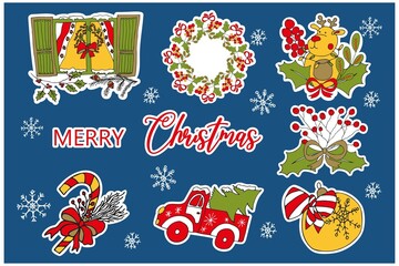 A set of Christmas stickers. A collection of colorful hand-drawn doodle-style illustrations. Christmas card on colorful background. Doodle icon.