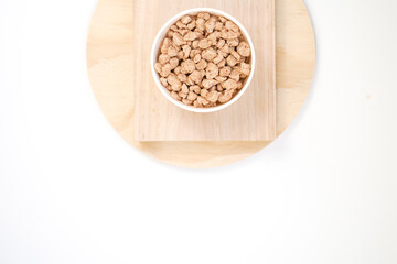 Closeup of textured soy protein. Textured vegetable protein.
Soy meat for a vegan diet