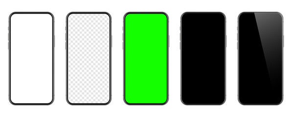 Realistic smartphone with blank touch screen and green chroma key background. Frameless mobile phone in front view. High quality detailed device mockup. Screen backdrop template. Vector illustration.