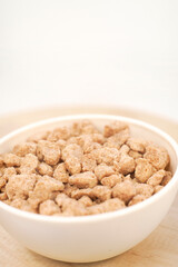 Closeup of textured soy protein. Textured vegetable protein.
Soy meat for a vegan diet