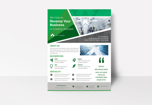 Business Flyer with Geometric Elements in Green Accents