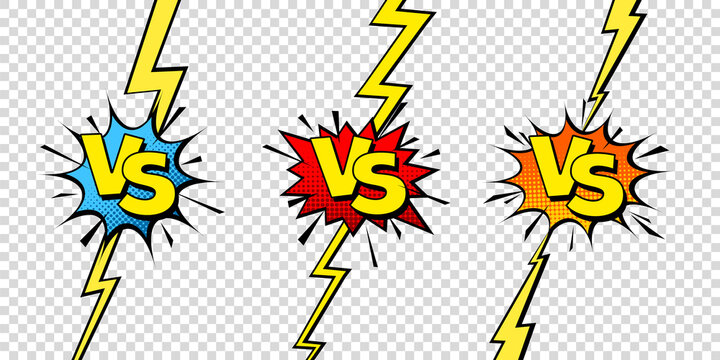 Comic challenge background. Cartoon battle, fight border. Versus or vs frame with lightning. Sports team competition poster. Vector illustration.
