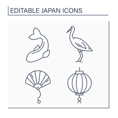 Japan line icons set. Japanese traditions. Carp, hand fun, crane bird, lantern. Culture concept. Isolated vector illustrations.Editable stroke