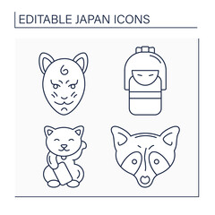 Japan line icons set. Japanese traditions. Tanuki, maneki neko, mask, kokeshi. Culture concept. Isolated vector illustrations.Editable stroke