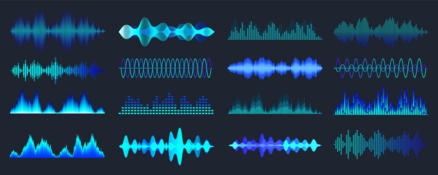 Blue colorful sound waves collection. Analog and digital audio signal. Music equalizer. Interference voice recording. High frequency radio wave. Vector illustration.