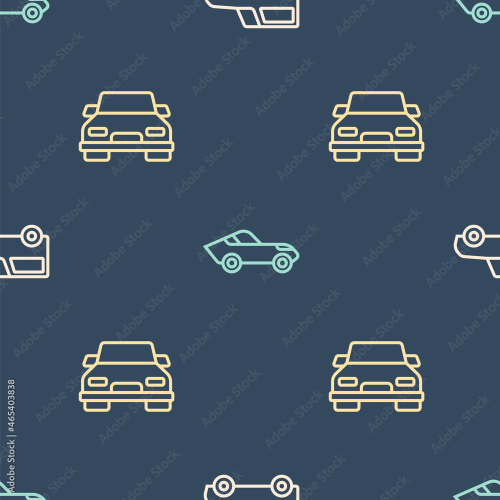 Poster set line car, and on seamless pattern. vector