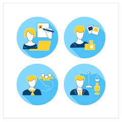 Freelance professions flat icons set. Legal services, public relations office, blogger, photographer.Distance jobs. Online work. Careers concept, Vector illustration