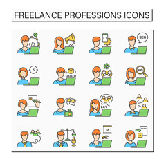 Freelance professions color icons set. Distance jobs. Online work. Careers concept, Isolated vector illustration
