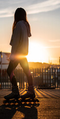 beauty model girl with rollers skating and a sunset at the city behind the port